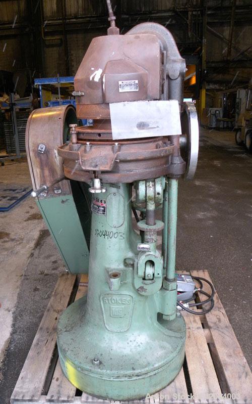 Used Stokes Single Sided Rotary Tablet Press, Model DS-3. 15 stations, approximately 15 tons operating pressure. 1-3/16’’ maximum tablet diameter. Adjustable depth of fill 1-1/16’’. Output tablets pe...
