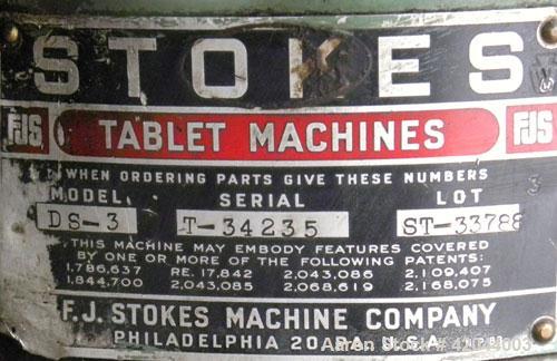 Used Stokes Single Sided Rotary Tablet Press, Model DS-3. 15 stations, approximately 15 tons operating pressure. 1-3/16’’ maximum tablet diameter. Adjustable depth of fill 1-1/16’’. Output tablets pe...