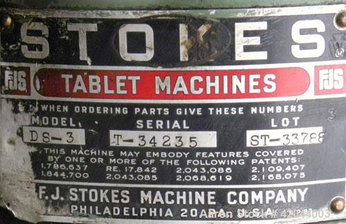 Used- Stokes Single Sided Rotary Tablet Press, Model DS-3. 15 stations, approximately 15 tons operating pressure. 1-3/16’’ m...