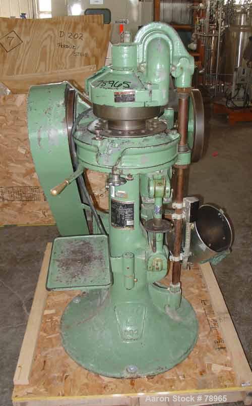USED: Stokes rotary press, model RB2. 4 ton max pressure above and below. 16 station max. 11/16" max depth of fill, 5/8" max diameter of compact. 1-3/16" standard die diameter, compacts 360 to 650 pe...