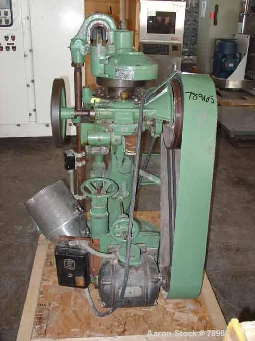 USED: Stokes rotary press, model RB2. 4 ton max pressure above and below. 16 station max. 11/16" max depth of fill, 5/8" max diameter of compact. 1-3/16" standard die diameter, compacts 360 to 650 pe...