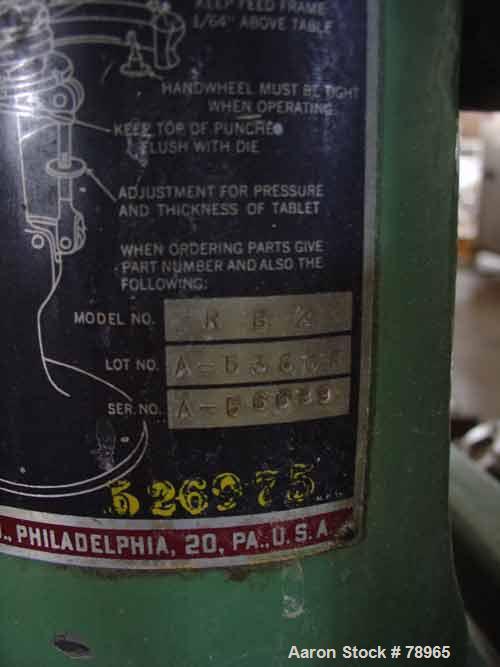 USED: Stokes rotary press, model RB2. 4 ton max pressure above and below. 16 station max. 11/16" max depth of fill, 5/8" max diameter of compact. 1-3/16" standard die diameter, compacts 360 to 650 pe...