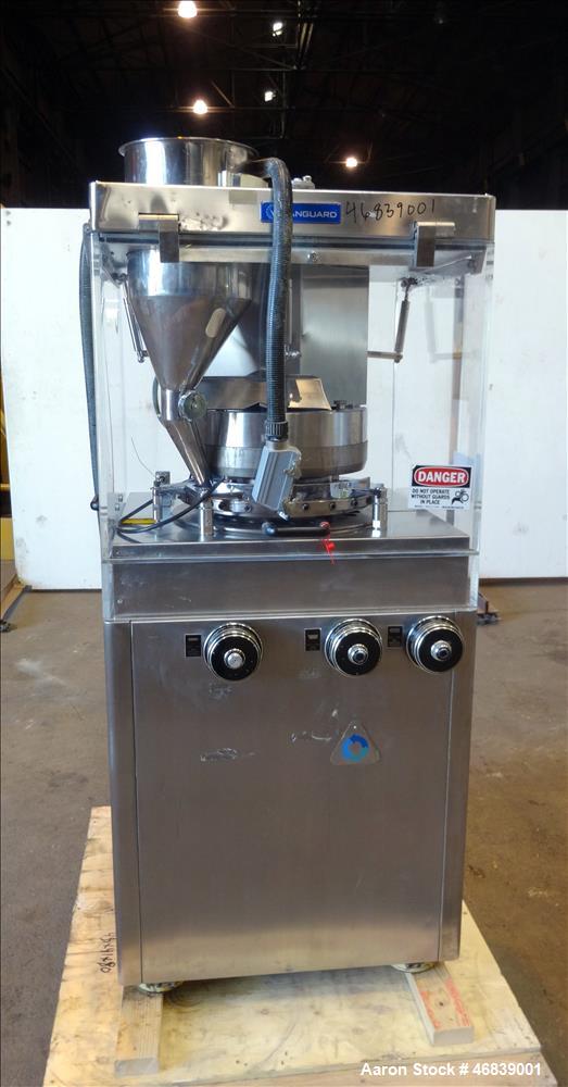 Used Vanguard Pharmaceutical Machinery Rotary Tablet Press, Model VRP1124, Approximate 9 Tons, nickle/alloy construction. Maximum approximate 93,000 tablets per hour. 24 Stations. Maximum per-compres...