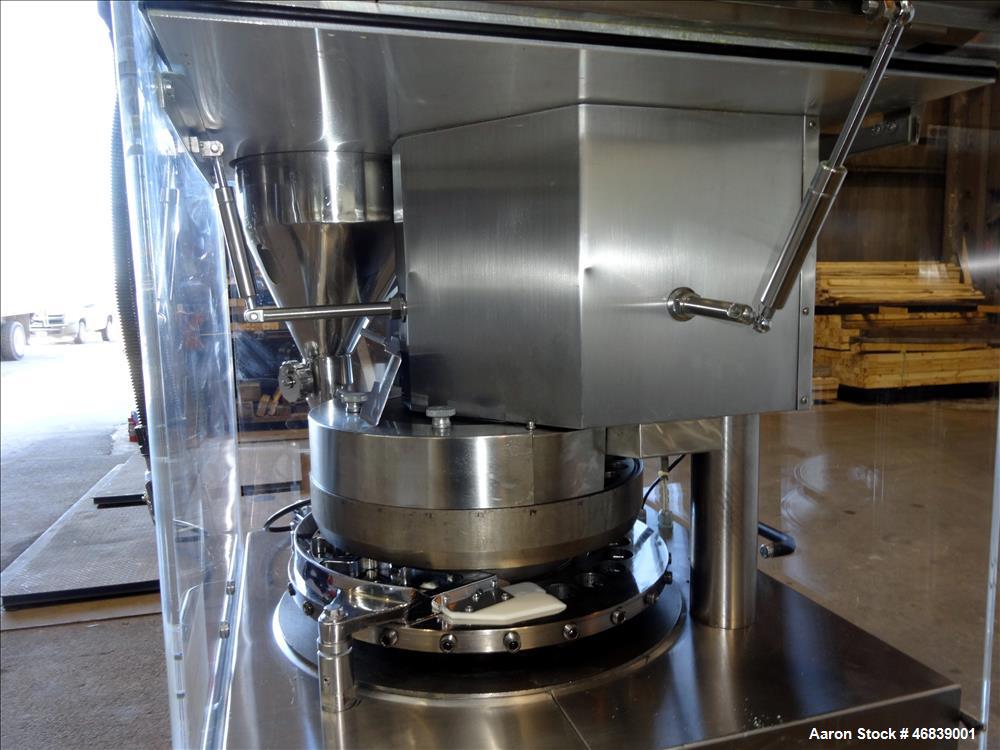 Used Vanguard Pharmaceutical Machinery Rotary Tablet Press, Model VRP1124, Approximate 9 Tons, nickle/alloy construction. Maximum approximate 93,000 tablets per hour. 24 Stations. Maximum per-compres...