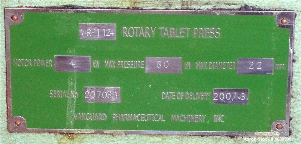 Used Vanguard Pharmaceutical Machinery Rotary Tablet Press, Model VRP1124, Approximate 9 Tons, nickle/alloy construction. Maximum approximate 93,000 tablets per hour. 24 Stations. Maximum per-compres...