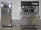 Used Manesty Mark IV 75 Station Rotary Tablet Press. Max press output 600,300 per hour (single layer), 300,150 per hour (bi-layer). Max depth of fill 17.46mm, max tablet diameter 11mm. Pre-compressio...