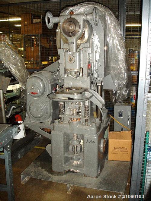 Used Stokes Single Station Tablet Press, model 526-1. Approximately 20 ton compression pressure, approximately 3" max diameter, 2 5/8" max depth of fill, rated up to 45/minute, serial #T42880.
