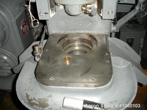 Used Stokes Single Station Tablet Press, model 526-1. Approximately 20 ton compression pressure, approximately 3" max diameter, 2 5/8" max depth of fill, rated up to 45/minute, serial #T42880.