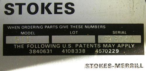 Used Stokes Single Motion, Single Punch Compacting Press, Model 900-511-695040.  Maximum pressure from above 1 1/2 Ton, maximum depth of fill 7/16", maximum diameter of tablet 1/2", upper punch strok...
