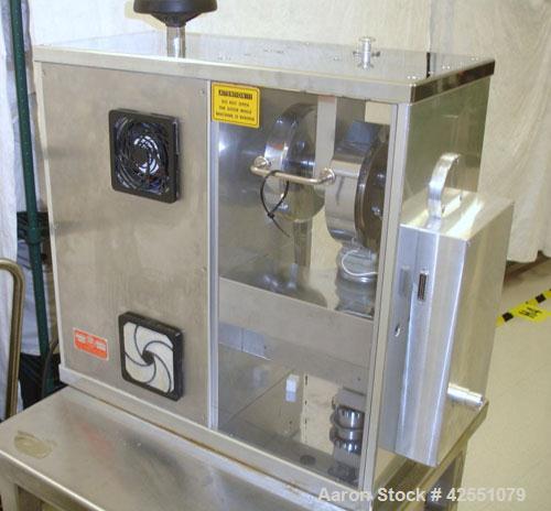 Used Riva MiniPress Single Station Tablet Press, Model MII. 60Kn (6 Ton) Compression pressure, 24mm max tablet diameter, 18mm max depth of fill, rated up to 6000 tablets/hour.