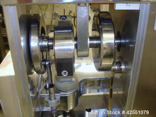 Used Riva MiniPress Single Station Tablet Press, Model MII. 60Kn (6 Ton) Compression pressure, 24mm max tablet diameter, 18mm max depth of fill, rated up to 6000 tablets/hour.