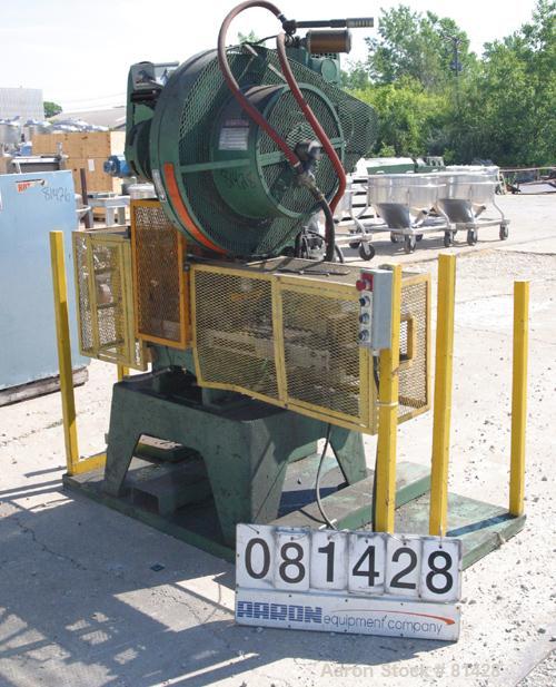 USED:Perkins O.B.I. single crank flywheel punch press, 28 ton.Approx bed area 22" wide x 12" deep, 2" stroke. Driven by an approx30 hp varispeed motor.