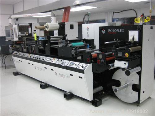Used Rotoflex DLI 330 die cutting and laminating line with Vericut C2 die cutter. Maximum web width: 13" (330MM) Minimum Web width: 8" or 200mm. One 3" (76mm) pneumatic core type unwind, one 3" (76mm...