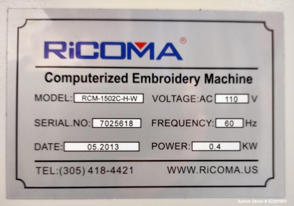 Used Ricoma RCM-1502C-H-W Two-Head Commercial Embroidery Machine