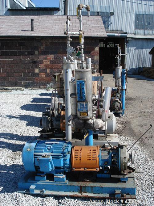 Used Goulds Centrifugal Pump, Model 3196, Hastelloy N. 1" x 1.5" x 8' impeller, rated 50 gallons per minute  at 275 psi at 100 degrees F. Mechanical seal with seal pot, on base with 15 hp motor, 460 ...