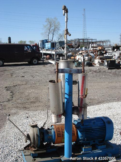 Used Goulds Centrifugal Pump, Model 3196, Hastelloy N. 1" x 1.5" x 8' impeller, rated 50 gallons per minute  at 275 psi at 100 degrees F. Mechanical seal with seal pot, on base with 15 hp motor, 460 ...