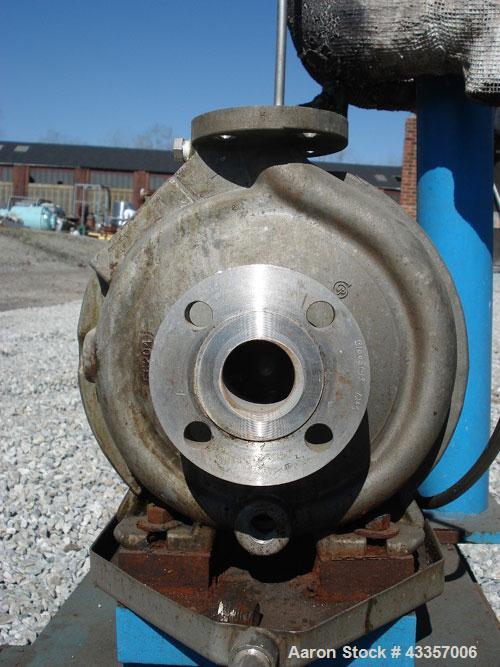 Used Goulds Centrifugal Pump, Model 3196, Hastelloy N. 1" x 1.5" x 8' impeller, rated 50 gallons per minute  at 275 psi at 100 degrees F. Mechanical seal with seal pot, on base with 15 hp motor, 460 ...