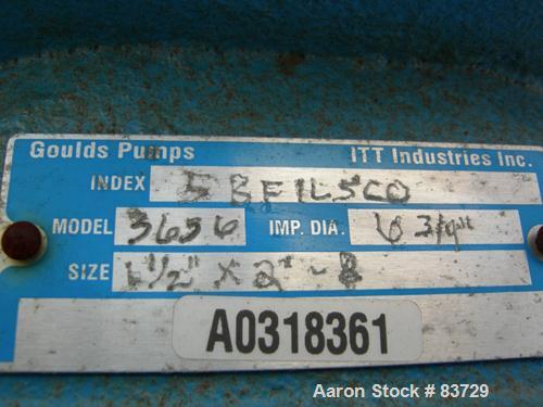Used Goulds Centrifugal Pump, Model 3656, Size 1-1/2 x 2-8, CDA922 Bronze. 2" inlet, 1-1/2" outlet, approximate 6-1/2" diameter impeller. Rated approximately 220 gallons per minute at 225 head feet a...