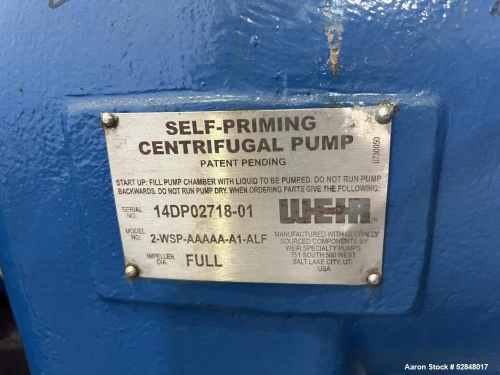 Used Weir Specialty Pumps Self Priming Centrifugal Waste Water Pump, Model 2-WSP-AAAAA-A1-ALF. Approximate 225GPM at 103 head feet. Impeller driven by a 5hp, 3/60/230/460 volt, 3600rpm motor. 2" diam...