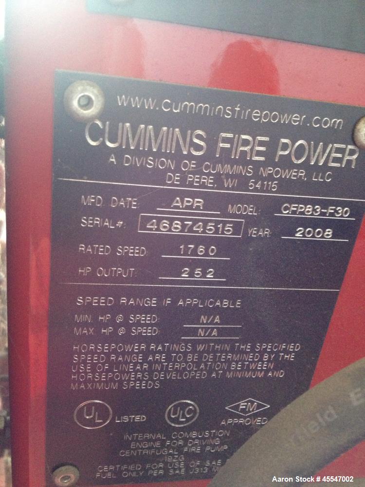 Used Complete Tiger Flow Diesel Fire Pump System. (With building). Includes Cummins Fire Power Model CFP83-F30 [C8.3 Series] six-cylinder diesel engine, Serial # 46874515, and ITT 2000 GPM centrifuga...