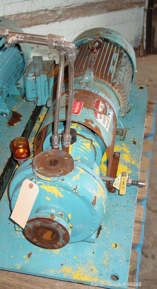 Used A.W. Chesterton Centrifugal Pump, Size 1 x 1.5 x 8, Carbon Steel. 1.5" Inlet, 1" outlet, 7.75" diameter impeller. Rated 130 gallons per minute. Driven by a 15 hp motor.