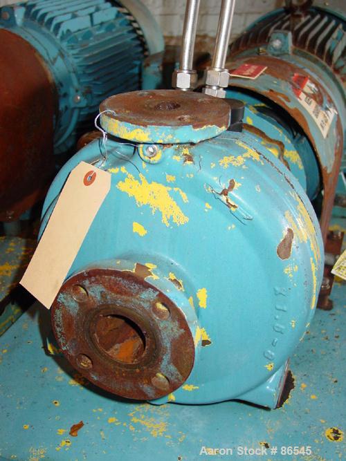 Used A.W. Chesterton Centrifugal Pump, Size 1 x 1.5 x 8, Carbon Steel. 1.5" Inlet, 1" outlet, 7.75" diameter impeller. Rated 130 gallons per minute. Driven by a 15 hp motor.