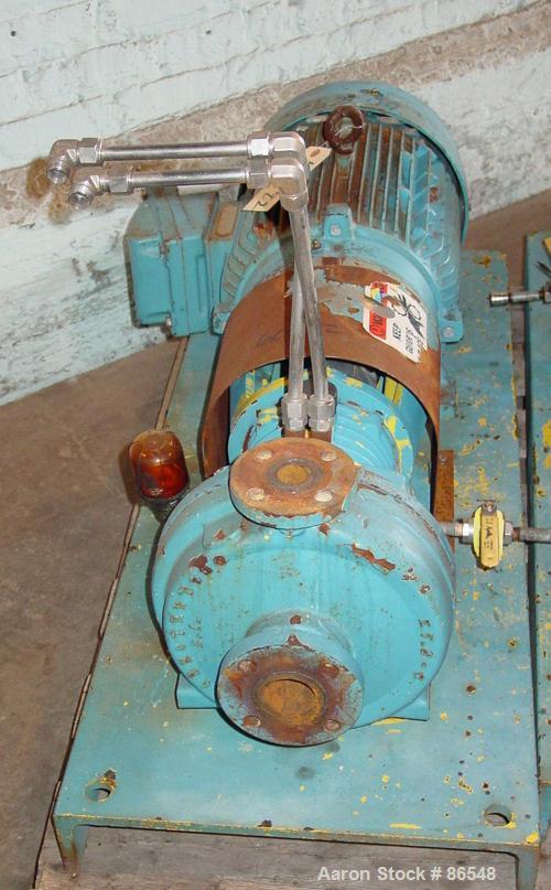 Used A.W. Chesterton Centrifugal Pump, Size 1X1.5X8, Carbon Steel. 1-1/2" Inlet, 1" outlet, 7.75" diameter impeller. Approximately 130 gallons per minute. Driven by a 15 hp motor.
