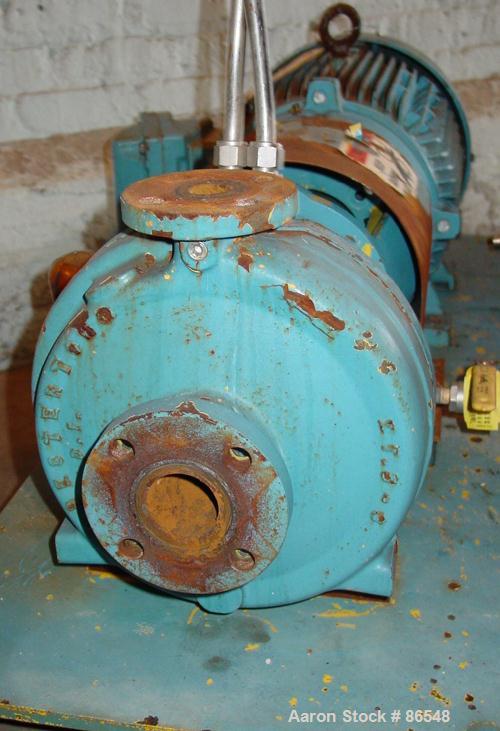 Used A.W. Chesterton Centrifugal Pump, Size 1X1.5X8, Carbon Steel. 1-1/2" Inlet, 1" outlet, 7.75" diameter impeller. Approximately 130 gallons per minute. Driven by a 15 hp motor.