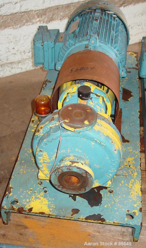 Used A.W. Chesterton Centrifugal Pump, Size 1X1.5X8, Carbon Steel. 1-1/2" Inlet, 1" outlet, 7.75" diameter impeller. Approximately 130 gallons per minute. Driven by a 15 hp motor.