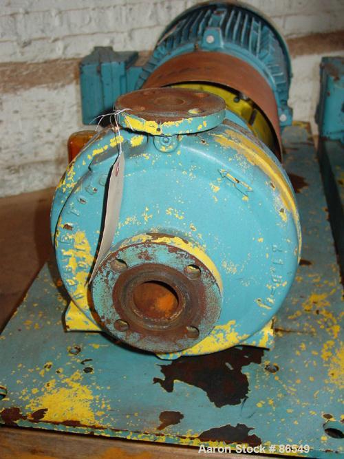 Used A.W. Chesterton Centrifugal Pump, Size 1X1.5X8, Carbon Steel. 1-1/2" Inlet, 1" outlet, 7.75" diameter impeller. Approximately 130 gallons per minute. Driven by a 15 hp motor.