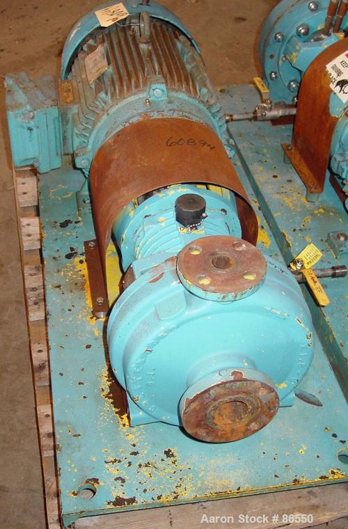 USED: A W Chesterton Co centrifugal pump, size 1X1.5X8, carbon steel. 1-1/2" inlet, 1" outlet, 7.75" diameter impeller. Approximately 130 gallons per minute. Driven by a 15 hp motor.