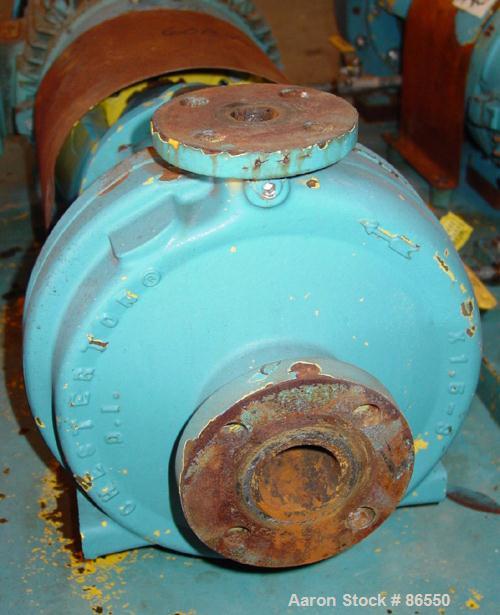 USED: A W Chesterton Co centrifugal pump, size 1X1.5X8, carbon steel. 1-1/2" inlet, 1" outlet, 7.75" diameter impeller. Approximately 130 gallons per minute. Driven by a 15 hp motor.