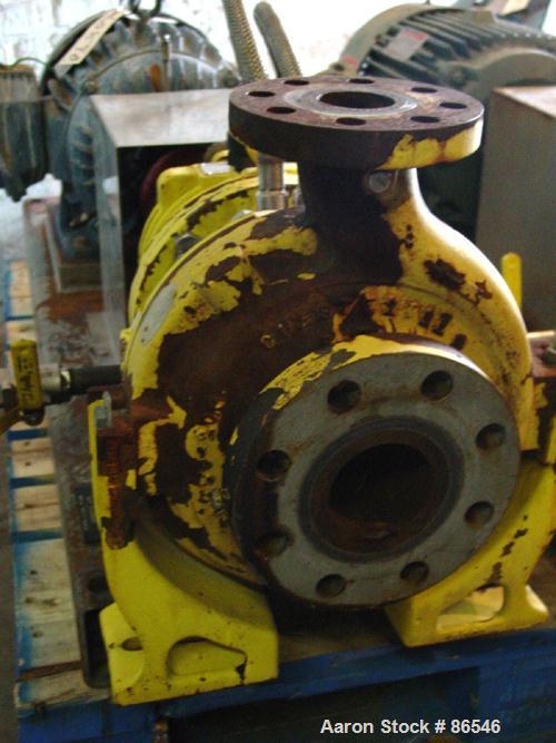 Used A.W. Chesterton Centrifugal Pump, Size 2X3X8, Carbon Steel. 3" Inlet, 2" outlet, 7.75" diameter impeller. Driven by a 15 hp motor.