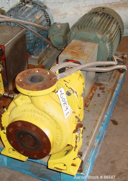 Used A.W. Chesterton Centrifugal Pump, Size 2X3X8, Carbon Steel. 3" Inlet, 2" outlet, 7.75" diameter impeller. Approximately 100 gallons per minute. Driven by a 15 hp motor.