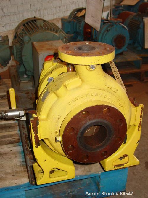 Used A.W. Chesterton Centrifugal Pump, Size 2X3X8, Carbon Steel. 3" Inlet, 2" outlet, 7.75" diameter impeller. Approximately 100 gallons per minute. Driven by a 15 hp motor.