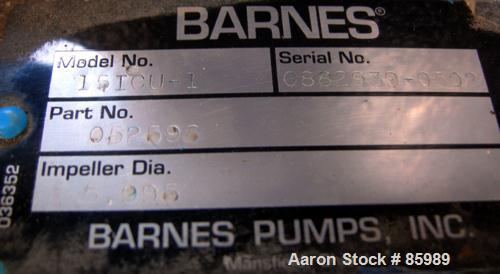 USED: Barnes centrifugal pump, model 15ICU-1, cast iron. Approximate capacity 250 gallons per minute at 2600 rpm at 70' head. 5.995" diameter impeller. 3" inlet/outlet. Driven by a 7.5 hp, 3/60/230/4...
