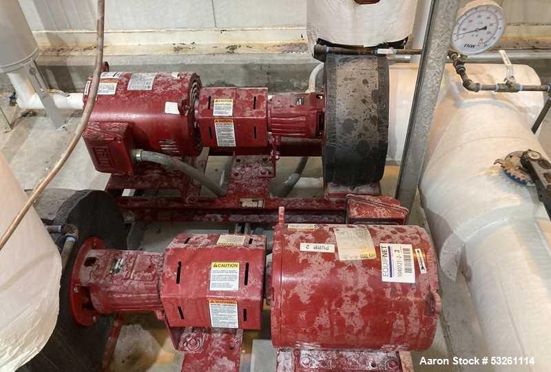 Used Lot Of Two Bell & Gossett Pumps Model e-1510 SSF 7.375 3BD. Vertical turbine pumps P-1 and 2. (2) Pumps with motor drives. 7.5 HP 230/460 Motors. Includes interconnecting piping.