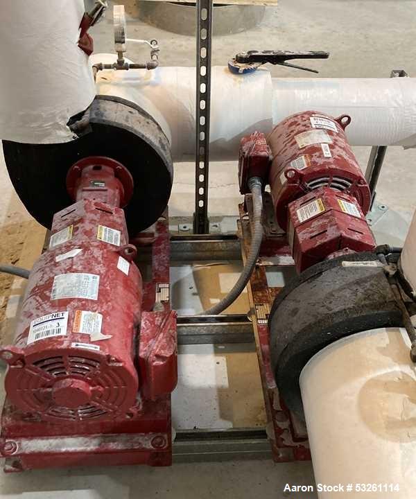 Used Lot Of Two Bell & Gossett Pumps Model e-1510 SSF 7.375 3BD. Vertical turbine pumps P-1 and 2. (2) Pumps with motor drives. 7.5 HP 230/460 Motors. Includes interconnecting piping.