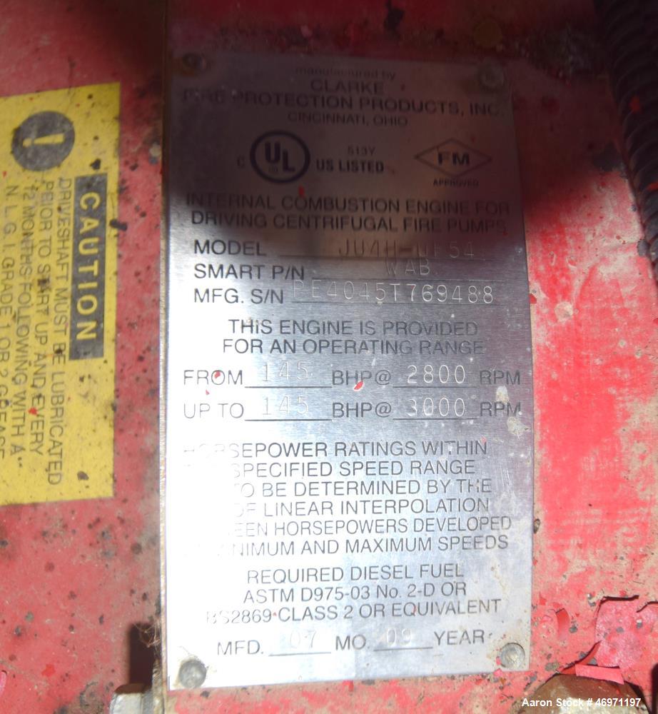 Used Clarke Fire Protection Products Diesel Driven Fire Pump System. Consisting of: (1) Clarke diesel engine, model JU4H-UF54, part# WAB, serial# PE4045T769488, built 2009. (1) ITT Industries centrif...