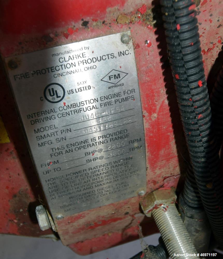 Used Clarke Fire Protection Products Diesel Driven Fire Pump System. Consisting of: (1) Clarke diesel engine, model JU4H-UF54, part# WAB, serial# PE4045T769488, built 2009. (1) ITT Industries centrif...