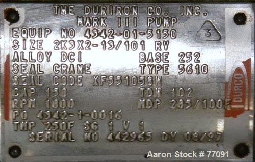 Used Durco Mark III Centrifugal Pump, Size 2K3X2-13/101 RV, Carbon Steel. 3" Inlet, 2" outlet. Rated approximately 150 gallons per minute at 102' head. Mechanical seal. Driven by a 7-1/2hp, 3/60/230/...