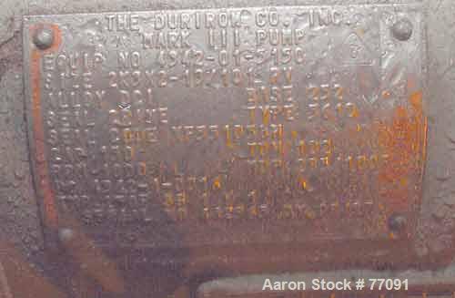 Used Durco Mark III Centrifugal Pump, Size 2K3X2-13/101 RV, Carbon Steel. 3" Inlet, 2" outlet. Rated approximately 150 gallons per minute at 102' head. Mechanical seal. Driven by a 7-1/2hp, 3/60/230/...