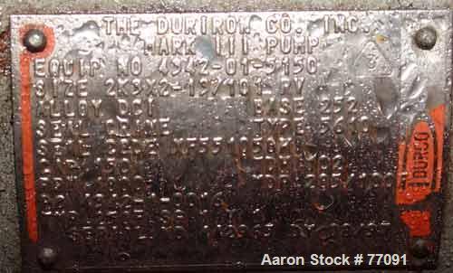 Used Durco Mark III Centrifugal Pump, Size 2K3X2-13/101 RV, Carbon Steel. 3" Inlet, 2" outlet. Rated approximately 150 gallons per minute at 102' head. Mechanical seal. Driven by a 7-1/2hp, 3/60/230/...