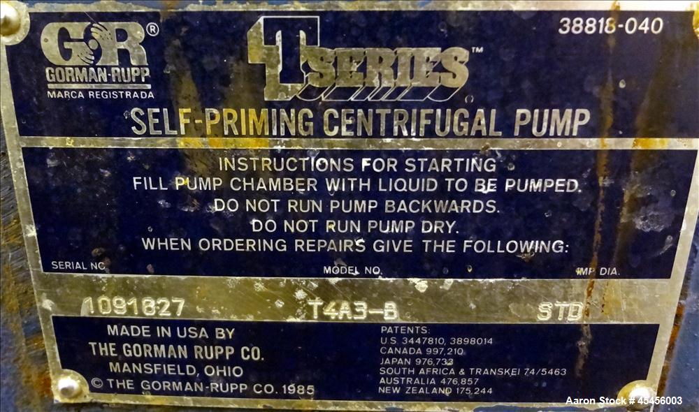 Used Gorman-Rupp T-Series Self Priming Centrifugal Pump, Model T4A3-B, Carbon Steel. Rated approximate 250 gallons per minute at 40 head at 1200 rpm. 4" Inlet/outlet. Driven by a 10hp, 3/60/208-230/4...