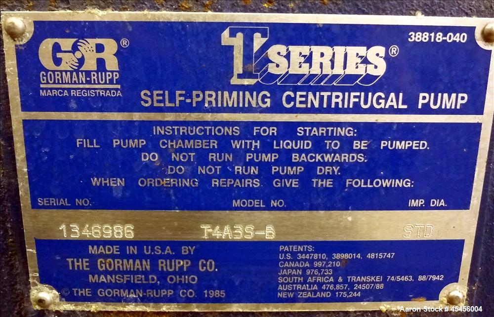 Used Gorman-Rupp T-Series Self Priming Centrifugal Pump, Model T4A3-B, Carbon Steel. Rated approximate 250 gallons per minute at 40 head at 1200 rpm. 4" Inlet/outlet. Driven by a 5hp, 3/60/230/460 vo...