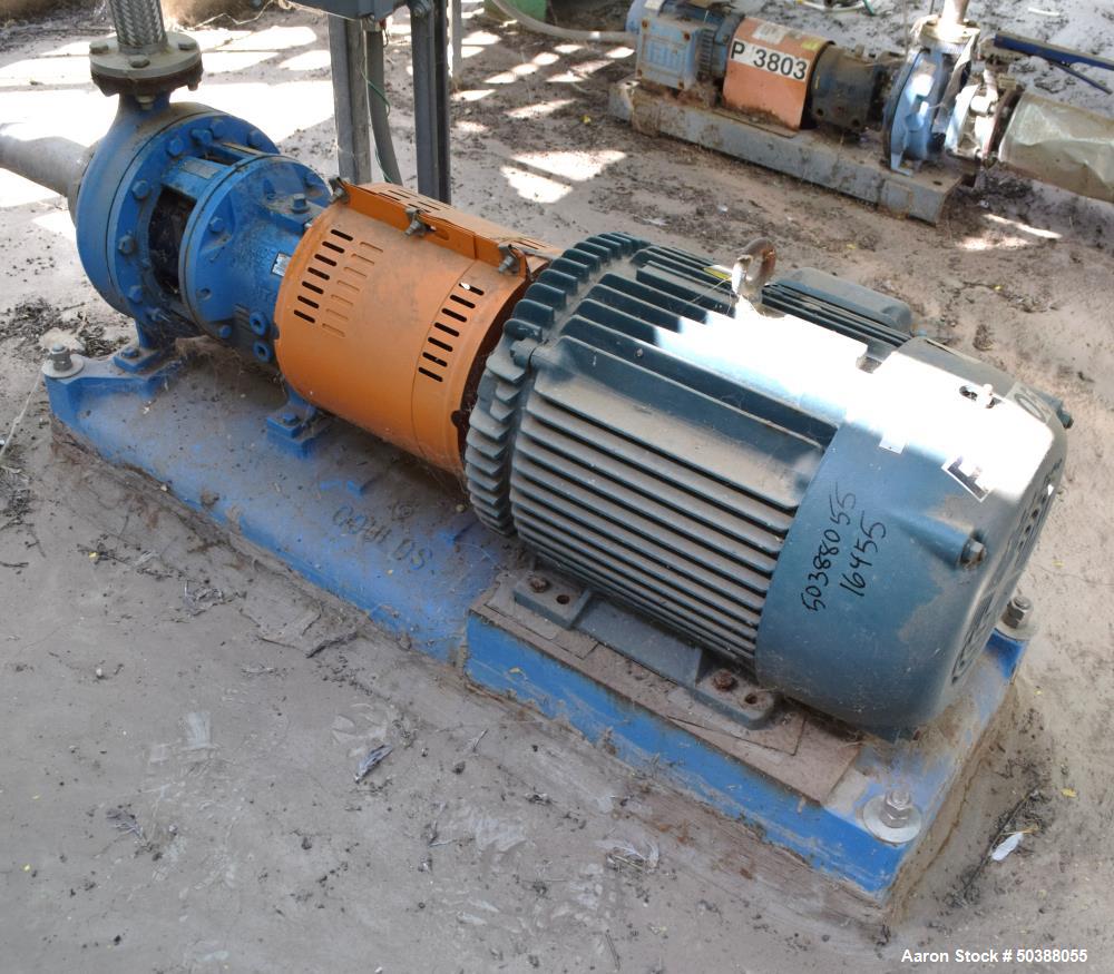 Used Goulds Centrifugal Pump, Model 3196, Size 2X3-10, Carbon Steel. Rated approximately 250 gallons per minute at 306.5' head at 3560 rpm, 250 psi. 3” Inlet, 2” outlet, 8.6250” diameter impeller, me...