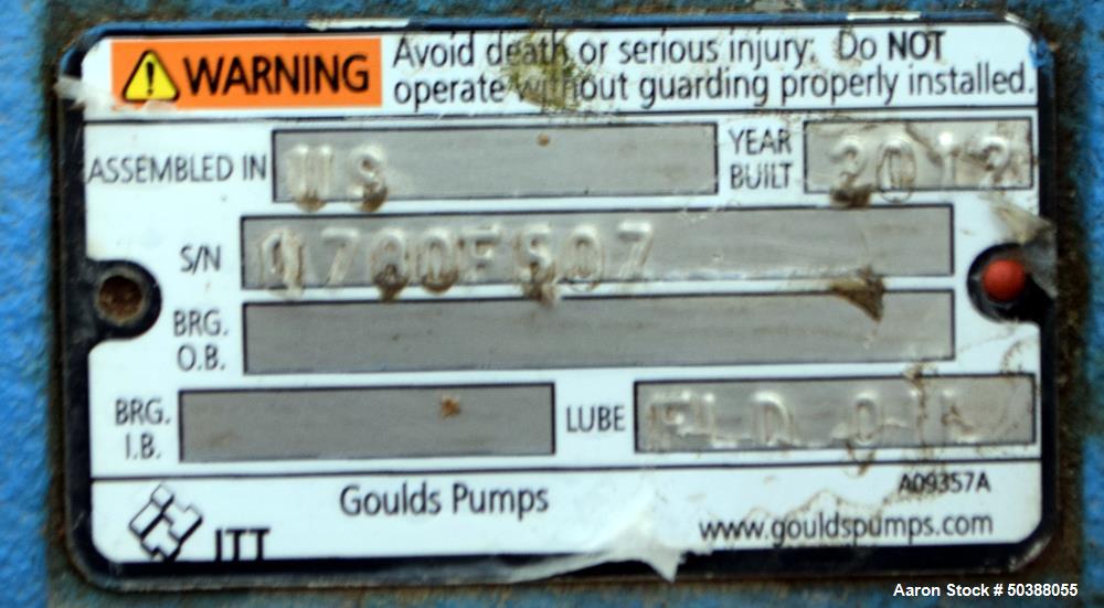 Used Goulds Centrifugal Pump, Model 3196, Size 2X3-10, Carbon Steel. Rated approximately 250 gallons per minute at 306.5' head at 3560 rpm, 250 psi. 3” Inlet, 2” outlet, 8.6250” diameter impeller, me...
