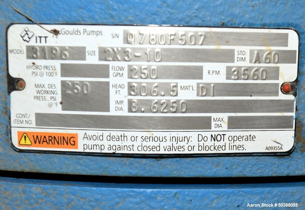 Used- Goulds Centrifugal Pump, Model 3196, Size 2X3-10, Carbon Steel. Rated approximately 250 gallons per minute at 306.5' h...