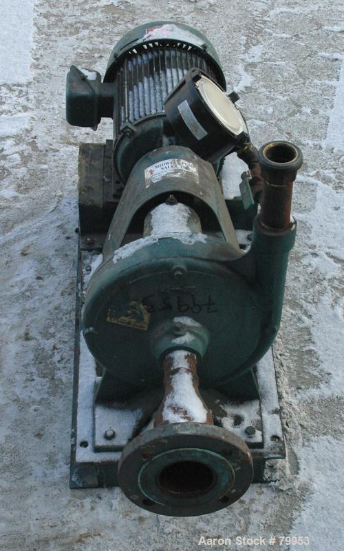 USED: ITT Marlow centrifugal pump, model 1 1/4.9SLS, carbon steel. 2" inlet, 1 1/4" outlet, 9.375" diameter impeller. Driven by a 3 hp, 3/60/230/460 volt, 1750 rpm motor. Base mounted.