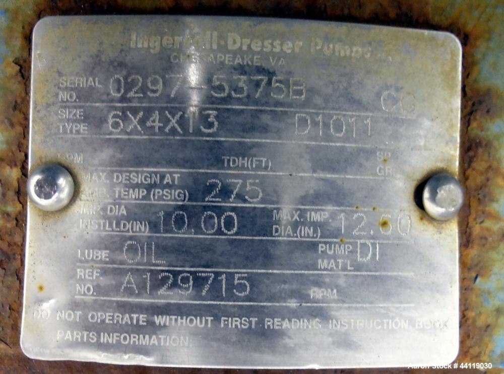 Used Ingersoll Rand Centrifugal Pump, Size 6X4X13, Model D 1011, Carbon Steel. 6” Inlet, 4” outlet, approximate 12-1/2” diameter impeller. Driven by a 40 hp, 3/60/230/460 volt, 1770 rpm motor. Base m...